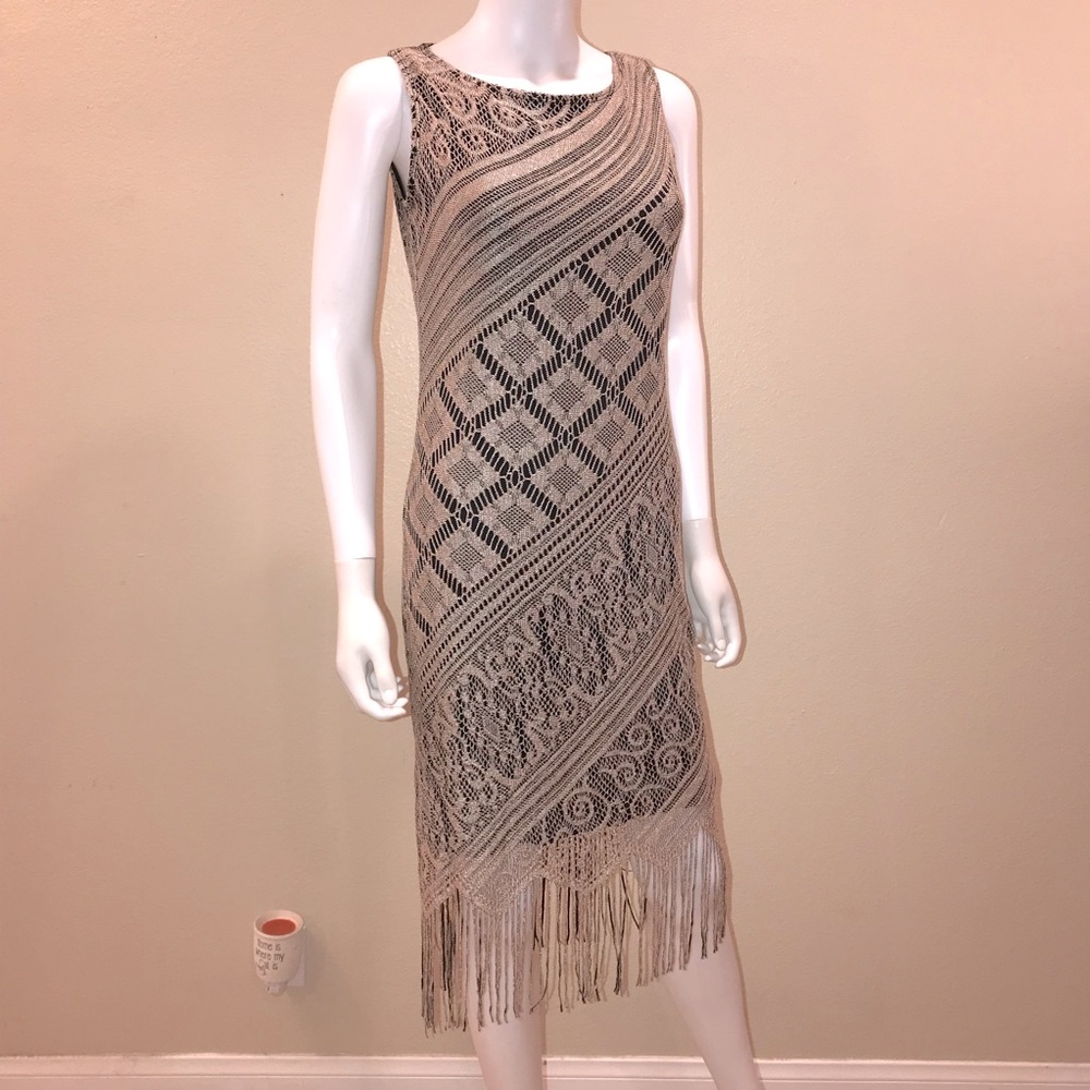 Vintage y2k Sassy Crochet Lace Fringe Dress Sz Large Jr Sleeveless Tan Black USA